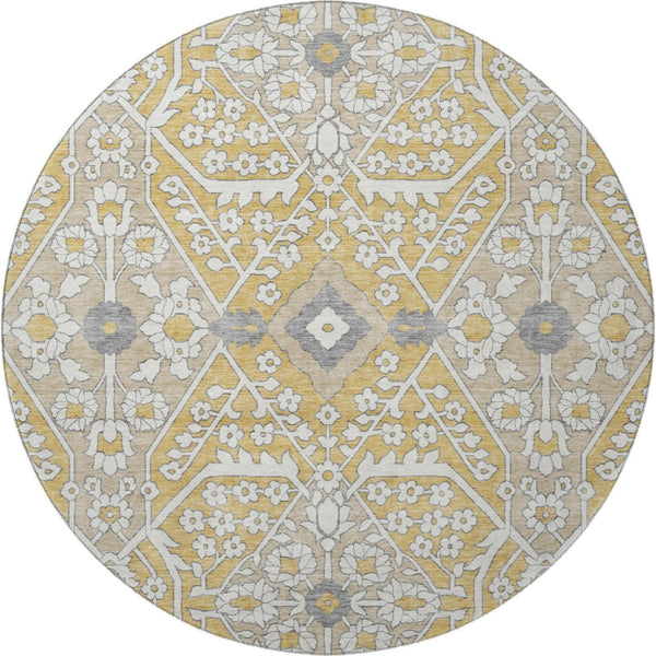HomeRoots 8' Gold Gray Ivory Floral Round Rug - Washable, UV Protected, Durable Design for High-Traffic Areas 668504