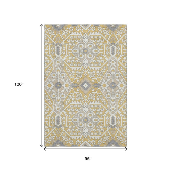 HomeRoots 8' X 10' Floral Area Rug in Gold, Gray & Ivory - Washable, Stain Resistant, UV Protected, Durable Design 668505