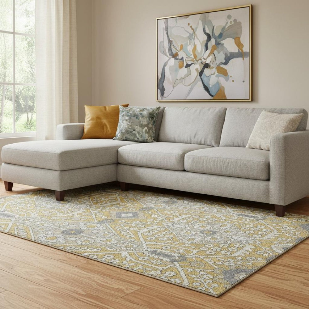 HomeRoots 8' X 10' Floral Area Rug in Gold, Gray & Ivory - Washable, Stain Resistant, UV Protected, Durable Design 668505