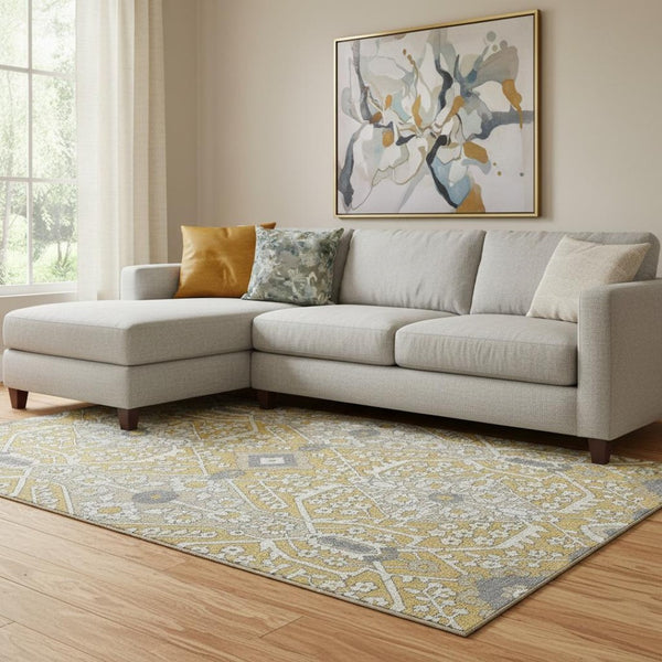 HomeRoots 8' X 10' Floral Area Rug in Gold, Gray & Ivory - Washable, Stain Resistant, UV Protected, Durable Design 668505