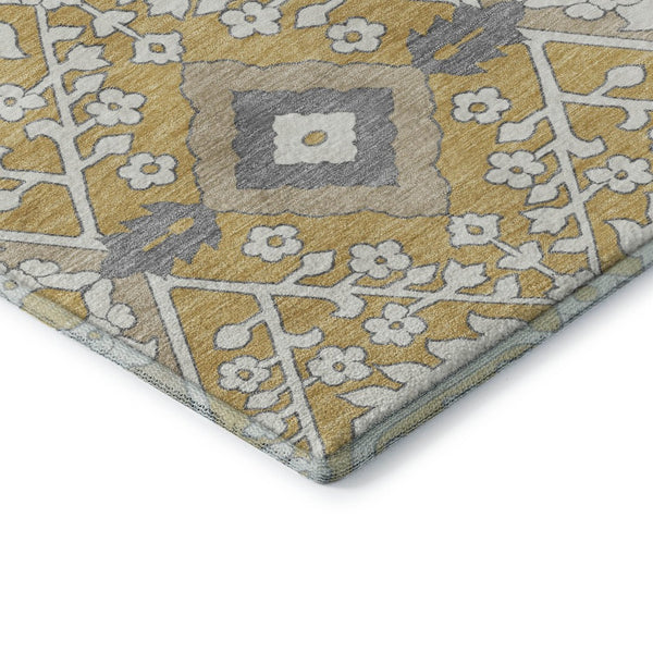 HomeRoots 8' X 10' Floral Area Rug in Gold, Gray & Ivory - Washable, Stain Resistant, UV Protected, Durable Design 668505