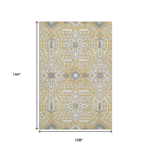 HomeRoots 9' X 12' Elegant Gold Gray Ivory Floral Washable Area Rug with UV Protection for High-Traffic Rooms 668506