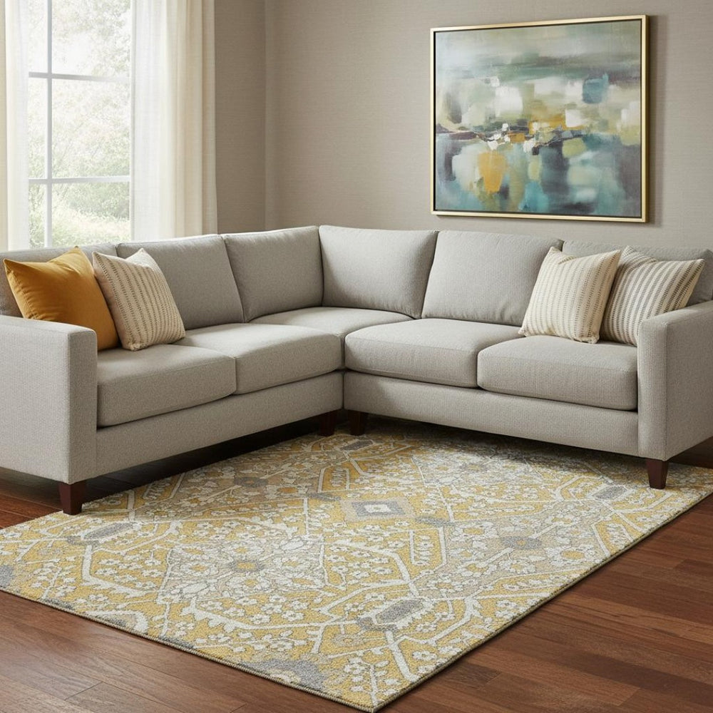 HomeRoots 9' X 12' Elegant Gold Gray Ivory Floral Washable Area Rug with UV Protection for High-Traffic Rooms 668506