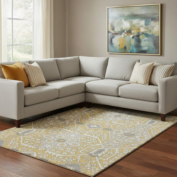 HomeRoots 9' X 12' Elegant Gold Gray Ivory Floral Washable Area Rug with UV Protection for High-Traffic Rooms 668506