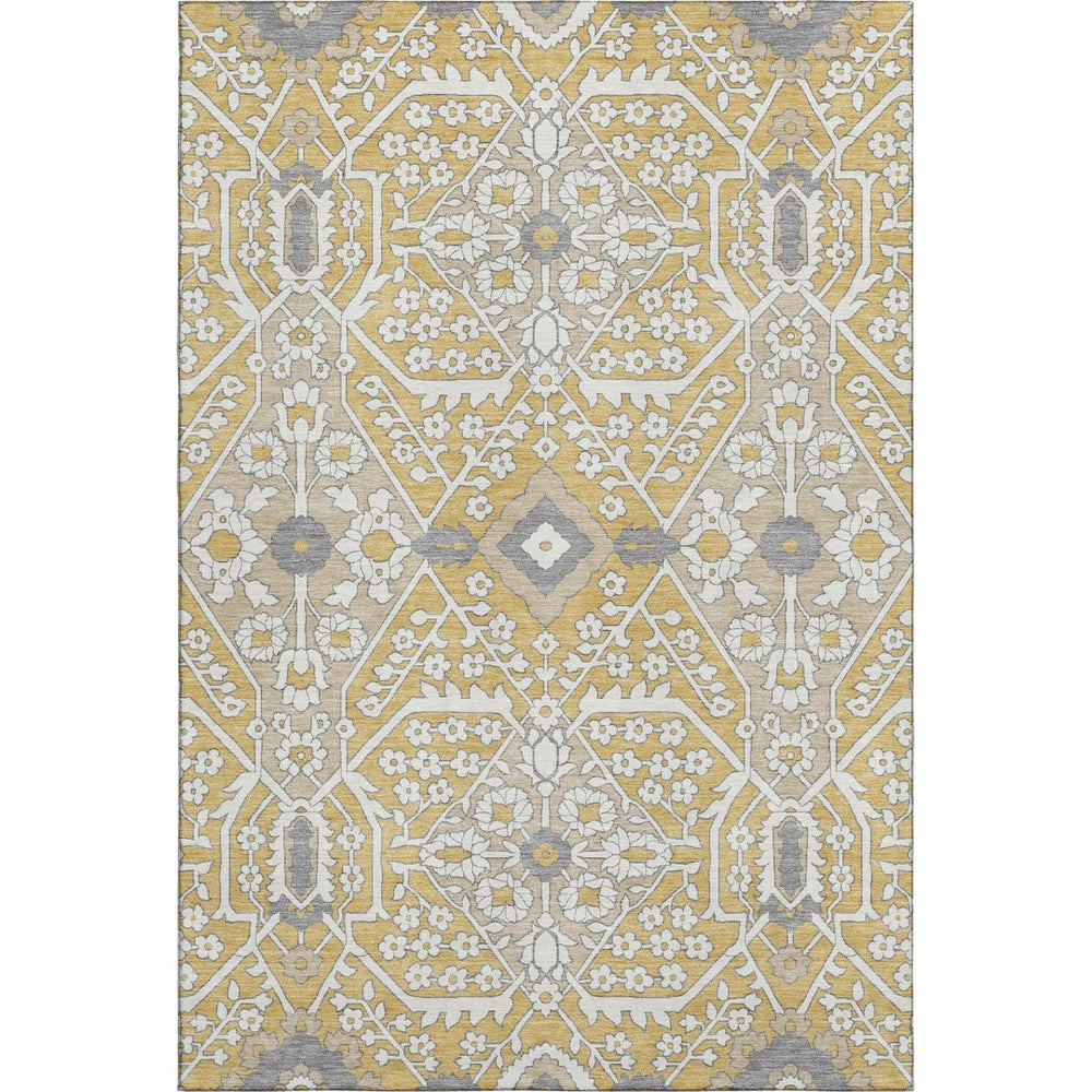HomeRoots 9' X 12' Elegant Gold Gray Ivory Floral Washable Area Rug with UV Protection for High-Traffic Rooms 668506