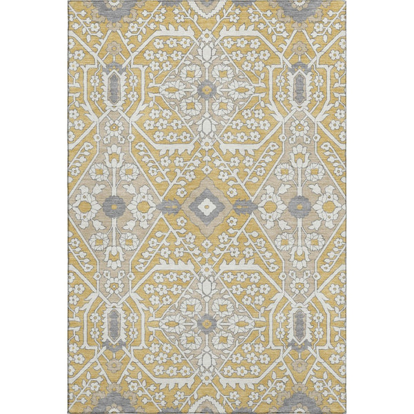 HomeRoots 9' X 12' Elegant Gold Gray Ivory Floral Washable Area Rug with UV Protection for High-Traffic Rooms 668506