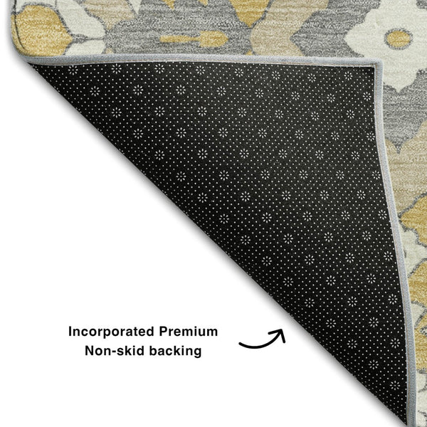 HomeRoots 9' X 12' Elegant Gold Gray Ivory Floral Washable Area Rug with UV Protection for High-Traffic Rooms 668506