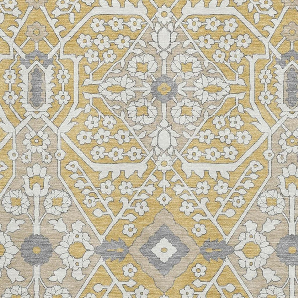 HomeRoots 9' X 12' Elegant Gold Gray Ivory Floral Washable Area Rug with UV Protection for High-Traffic Rooms 668506