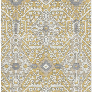 HomeRoots 9' X 12' Elegant Gold Gray Ivory Floral Washable Area Rug with UV Protection for High-Traffic Rooms 668506