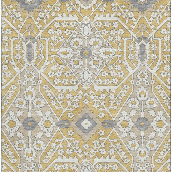 HomeRoots 9' X 12' Elegant Gold Gray Ivory Floral Washable Area Rug with UV Protection for High-Traffic Rooms 668506