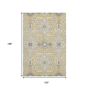 HomeRoots 10' X 14' Gold Gray Ivory Floral Area Rug - Washable, UV Protected, Durable for High-Traffic Spaces 668507