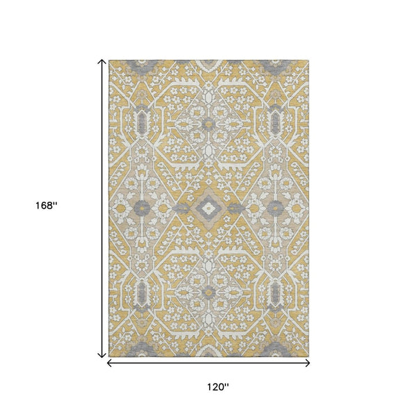 HomeRoots 10' X 14' Gold Gray Ivory Floral Area Rug - Washable, UV Protected, Durable for High-Traffic Spaces 668507