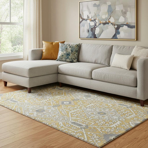 HomeRoots 10' X 14' Gold Gray Ivory Floral Area Rug - Washable, UV Protected, Durable for High-Traffic Spaces 668507