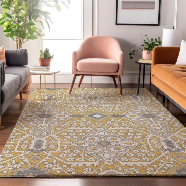 HomeRoots 10' X 14' Gold Gray Ivory Floral Area Rug - Washable, UV Protected, Durable for High-Traffic Spaces 668507