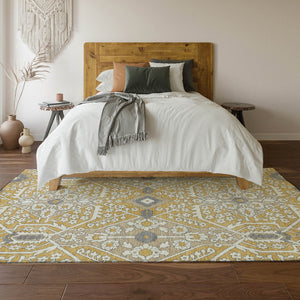 HomeRoots 10' X 14' Gold Gray Ivory Floral Area Rug - Washable, UV Protected, Durable for High-Traffic Spaces 668507