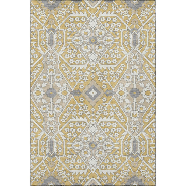 HomeRoots 10' X 14' Gold Gray Ivory Floral Area Rug - Washable, UV Protected, Durable for High-Traffic Spaces 668507