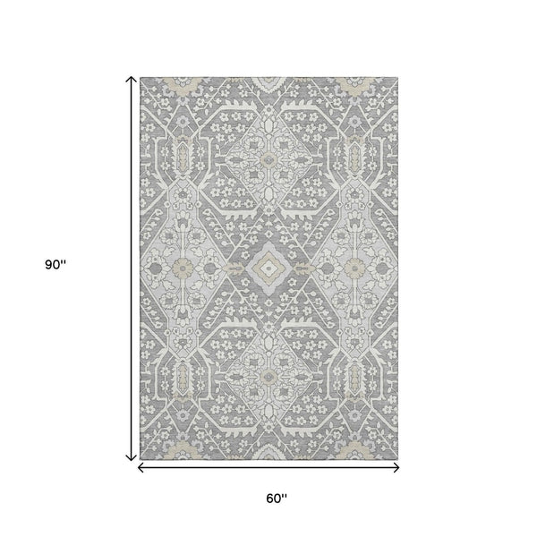 HomeRoots 5' X 8' Gray And Ivory Floral Area Rug - Washable, UV Protected, Perfect for High-Traffic Spaces! 668509