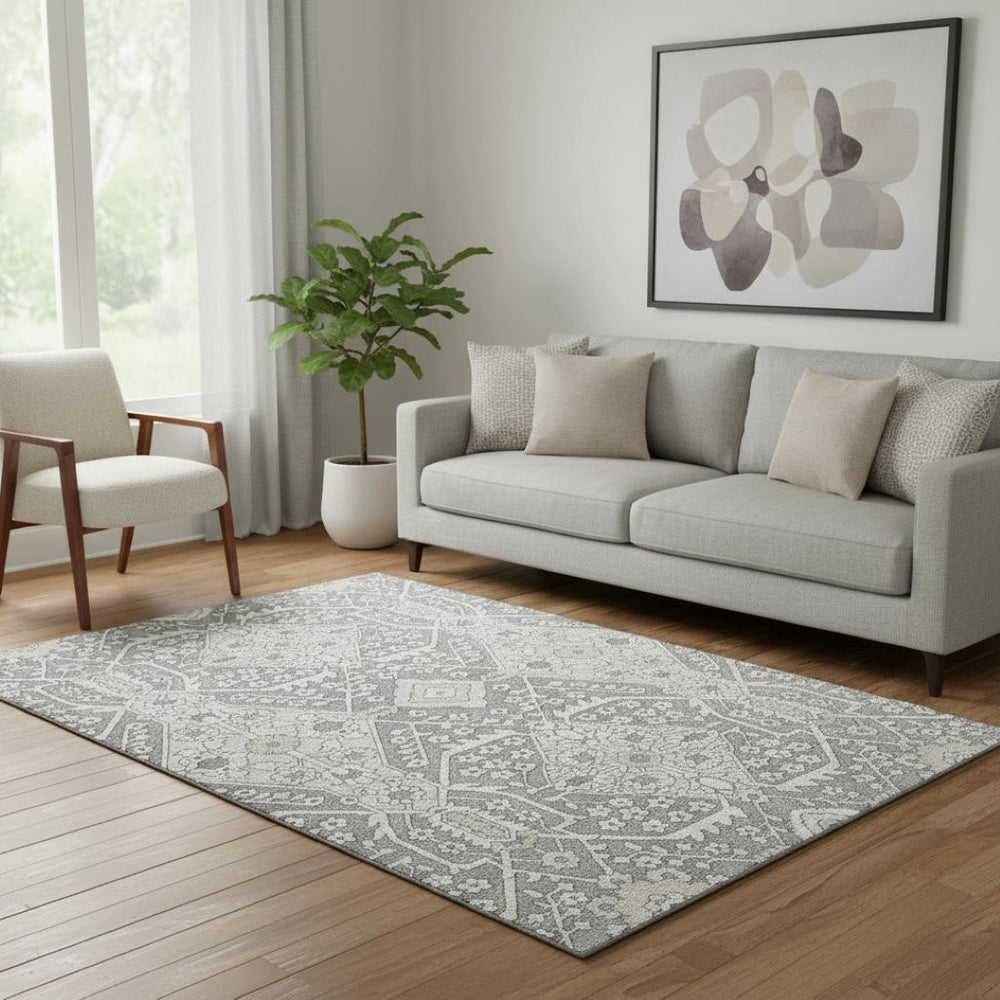 HomeRoots 5' X 8' Gray And Ivory Floral Area Rug - Washable, UV Protected, Perfect for High-Traffic Spaces! 668509