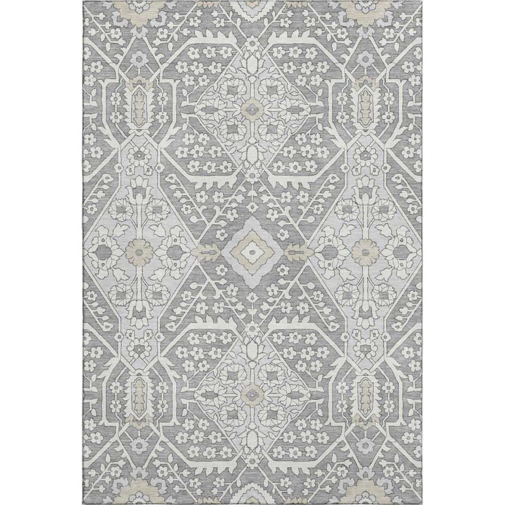 HomeRoots 5' X 8' Gray And Ivory Floral Area Rug - Washable, UV Protected, Perfect for High-Traffic Spaces! 668509