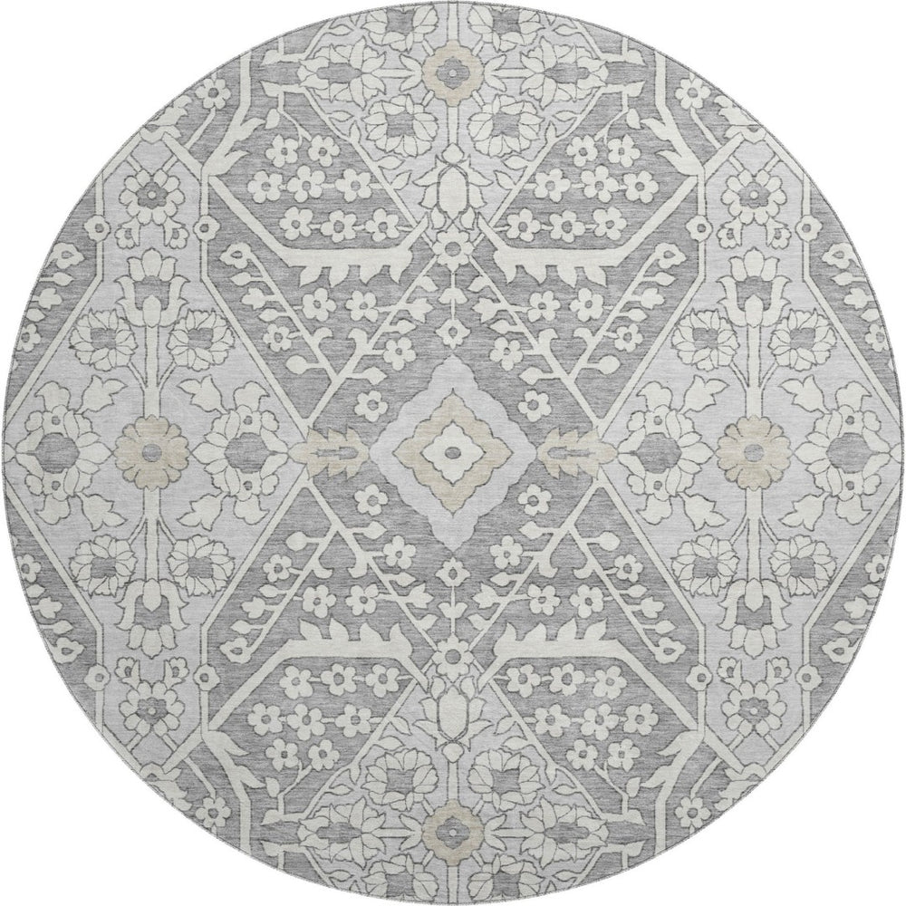 HomeRoots 8' Gray and Ivory Floral Round Rug - Washable, UV Protected, Durable & Stain-Resistant Design! 668510