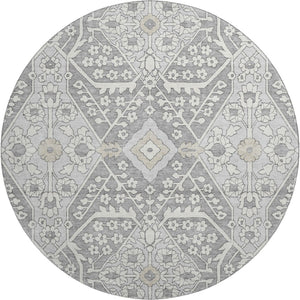 HomeRoots 8' Gray and Ivory Floral Round Rug - Washable, UV Protected, Durable & Stain-Resistant Design! 668510