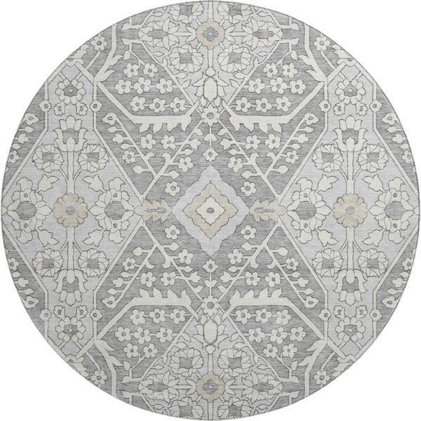 HomeRoots 8' Gray and Ivory Floral Round Rug - Washable, UV Protected, Durable & Stain-Resistant Design! 668510
