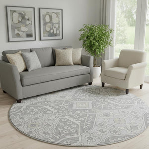 HomeRoots 8' Gray and Ivory Floral Round Rug - Washable, UV Protected, Durable & Stain-Resistant Design! 668510