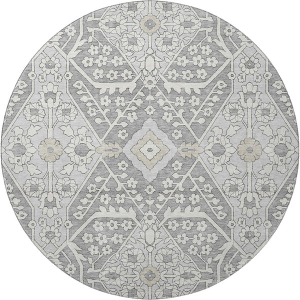 HomeRoots 8' Gray and Ivory Floral Round Rug - Washable, UV Protected, Durable & Stain-Resistant Design! 668510