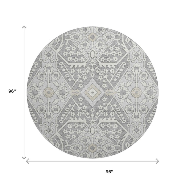 HomeRoots 8' Gray and Ivory Floral Round Rug - Washable, UV Protected, Durable & Stain-Resistant Design! 668510