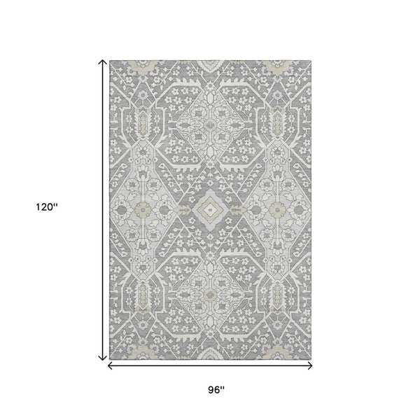 HomeRoots 8' X 10' Gray and Ivory Floral Area Rug - Washable, UV-Protected, Stain-Resistant for Busy Homes 668511