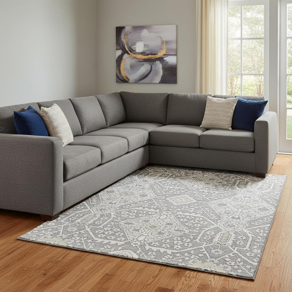 HomeRoots 8' X 10' Gray and Ivory Floral Area Rug - Washable, UV-Protected, Stain-Resistant for Busy Homes 668511