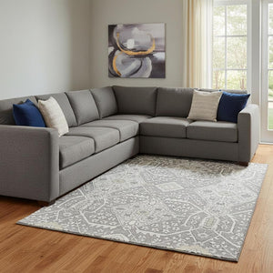 HomeRoots 8' X 10' Gray and Ivory Floral Area Rug - Washable, UV-Protected, Stain-Resistant for Busy Homes 668511