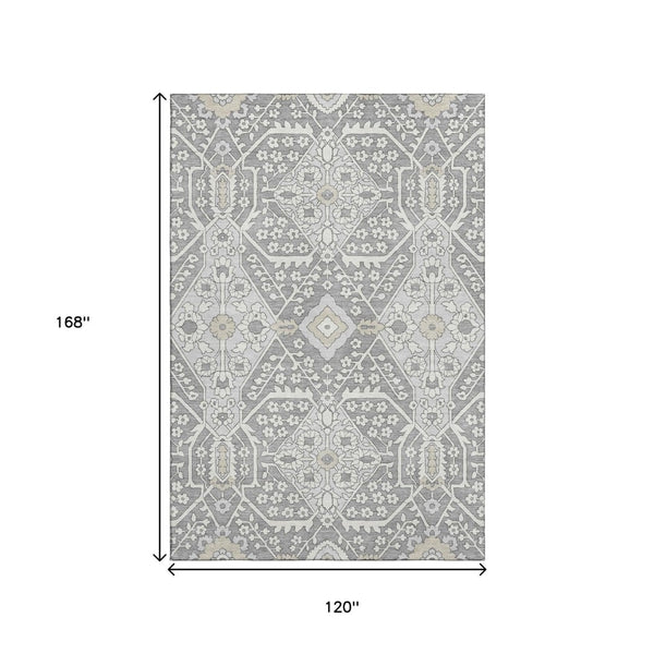HomeRoots 10' Gray and Ivory Floral Washable Area Rug - Durable, UV-Protected, Stylish for Family Spaces! 668513