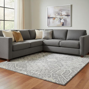 HomeRoots 10' Gray and Ivory Floral Washable Area Rug - Durable, UV-Protected, Stylish for Family Spaces! 668513