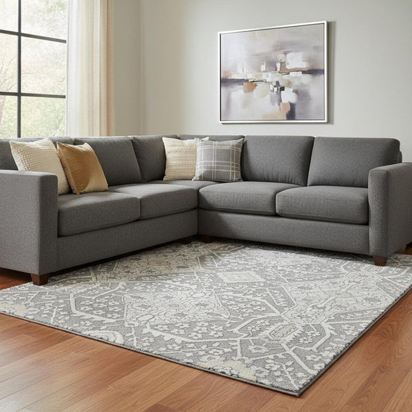 HomeRoots 10' Gray and Ivory Floral Washable Area Rug - Durable, UV-Protected, Stylish for Family Spaces! 668513