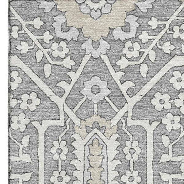 HomeRoots 10' Gray and Ivory Floral Washable Area Rug - Durable, UV-Protected, Stylish for Family Spaces! 668513