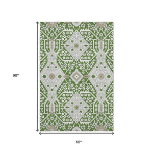 HomeRoots 5' X 8' Floral Area Rug in Green, Ivory & Gray - Washable, UV-Protected, Stylish & Durable Design 668515