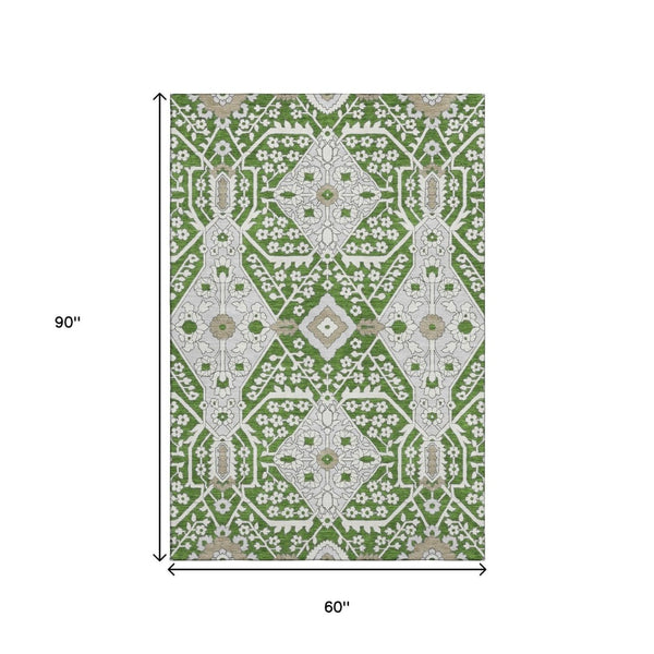 HomeRoots 5' X 8' Floral Area Rug in Green, Ivory & Gray - Washable, UV-Protected, Stylish & Durable Design 668515
