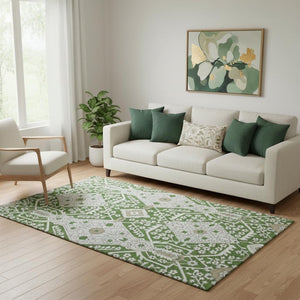 HomeRoots 5' X 8' Floral Area Rug in Green, Ivory & Gray - Washable, UV-Protected, Stylish & Durable Design 668515