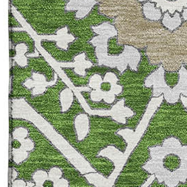 HomeRoots 5' X 8' Floral Area Rug in Green, Ivory & Gray - Washable, UV-Protected, Stylish & Durable Design 668515