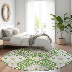 HomeRoots 8' Green Ivory and Gray Floral Washable Round Rug - Durable, Stylish, UV-Protected for Any Space 668516