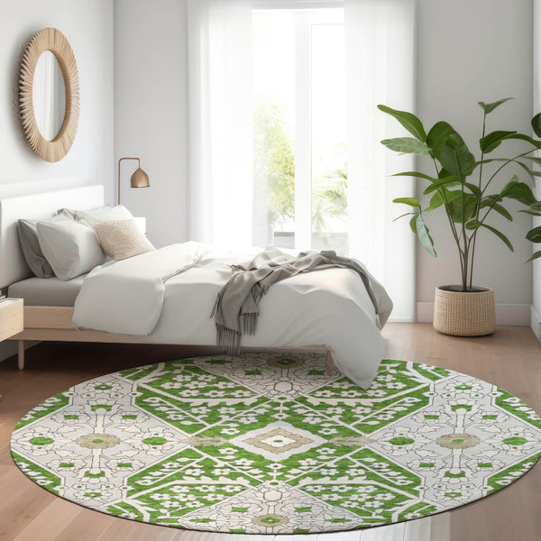HomeRoots 8' Green Ivory and Gray Floral Washable Round Rug - Durable, Stylish, UV-Protected for Any Space 668516