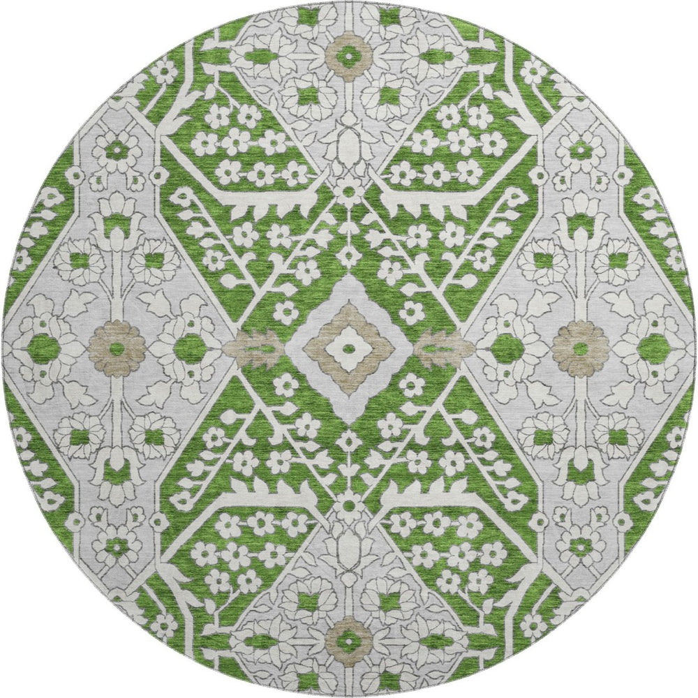 HomeRoots 8' Green Ivory and Gray Floral Washable Round Rug - Durable, Stylish, UV-Protected for Any Space 668516