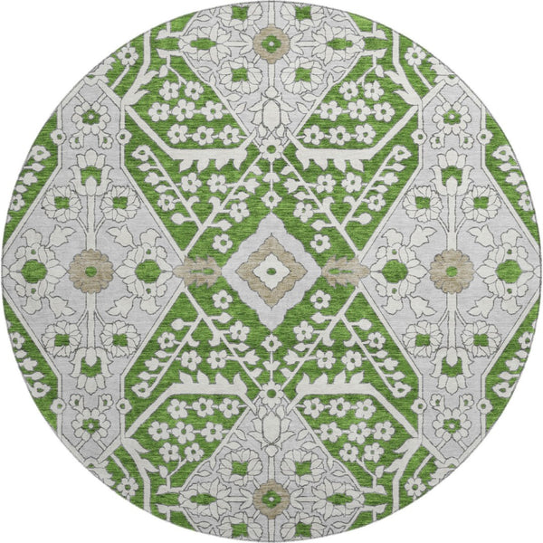 HomeRoots 8' Green Ivory and Gray Floral Washable Round Rug - Durable, Stylish, UV-Protected for Any Space 668516