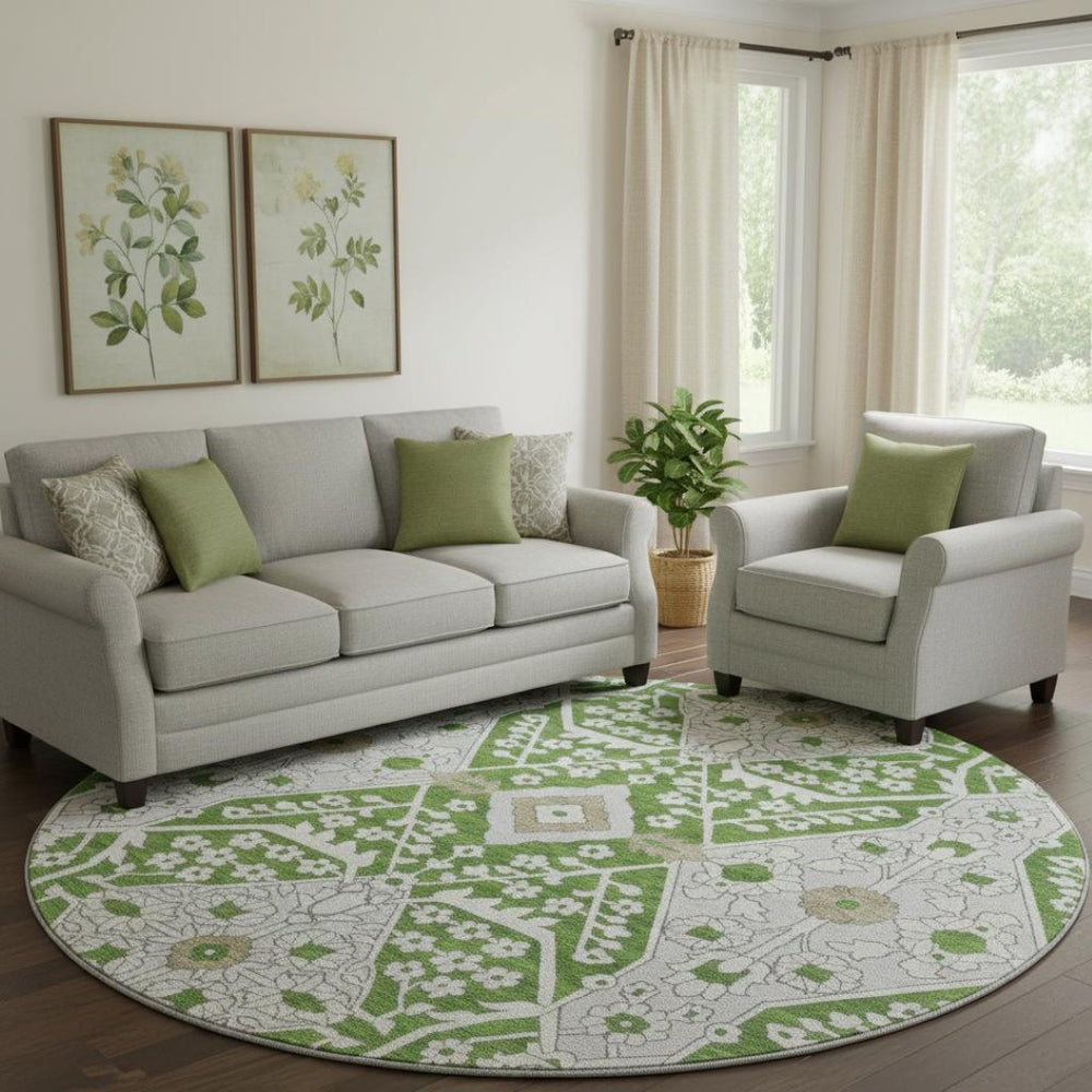 HomeRoots 8' Green Ivory and Gray Floral Washable Round Rug - Durable, Stylish, UV-Protected for Any Space 668516