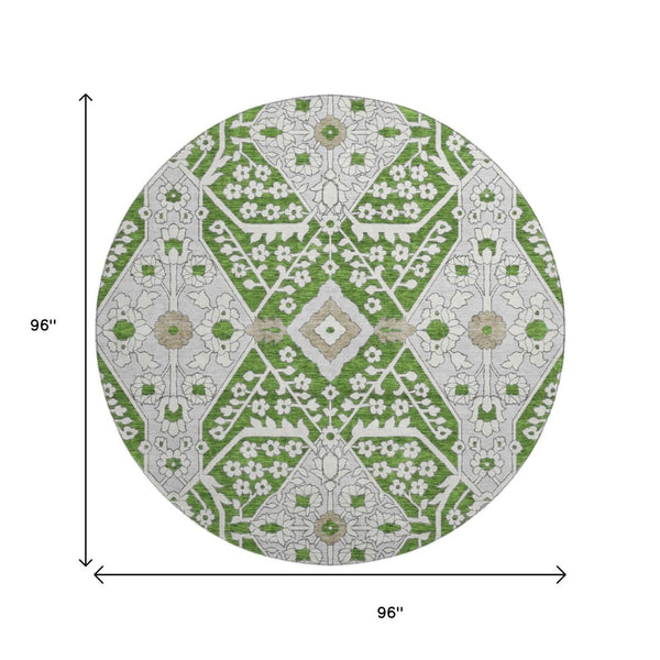 HomeRoots 8' Green Ivory and Gray Floral Washable Round Rug - Durable, Stylish, UV-Protected for Any Space 668516