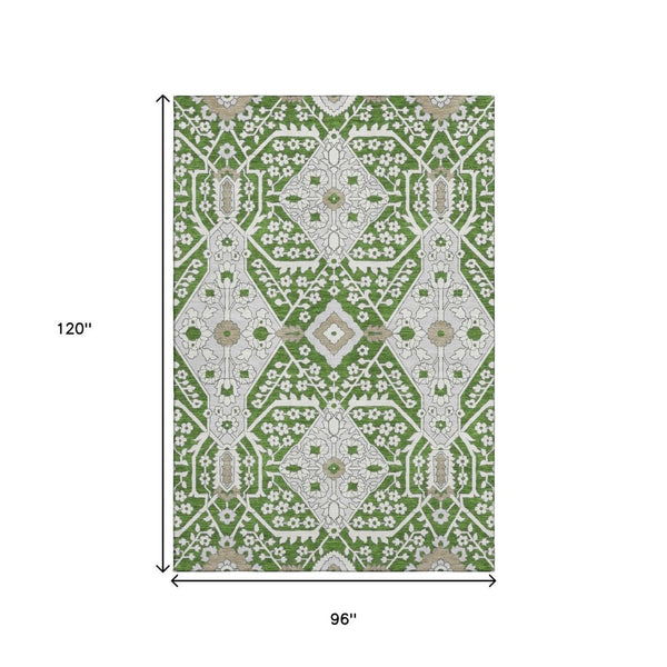 HomeRoots 8' X 10' Floral Area Rug - Green, Ivory & Gray, Washable with UV Protection for Busy Homes 668518