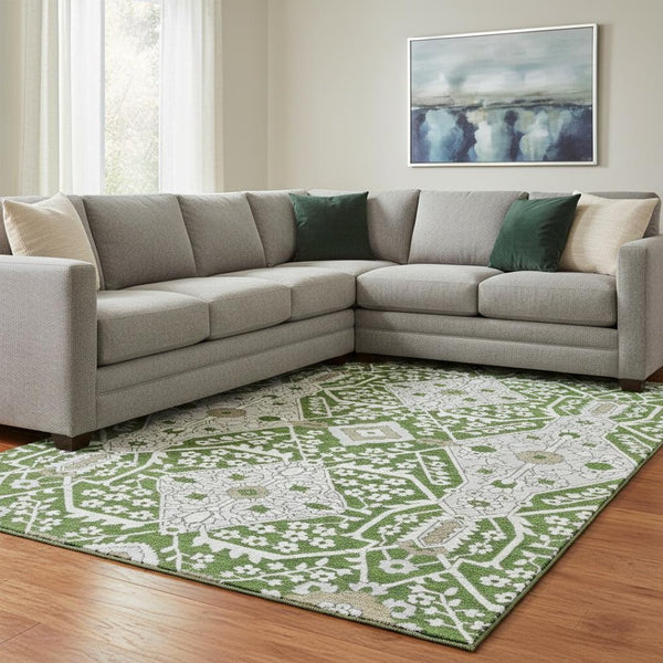 HomeRoots 8' X 10' Floral Area Rug - Green, Ivory & Gray, Washable with UV Protection for Busy Homes 668518