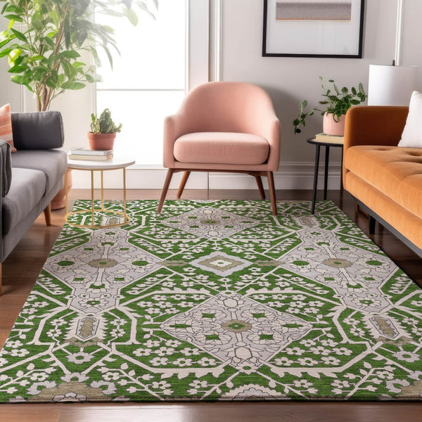 HomeRoots 8' X 10' Floral Area Rug - Green, Ivory & Gray, Washable with UV Protection for Busy Homes 668518