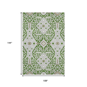 HomeRoots 9' X 12' Green Ivory Gray Floral Area Rug - Washable, UV Protected, Durable for Family Spaces 668520